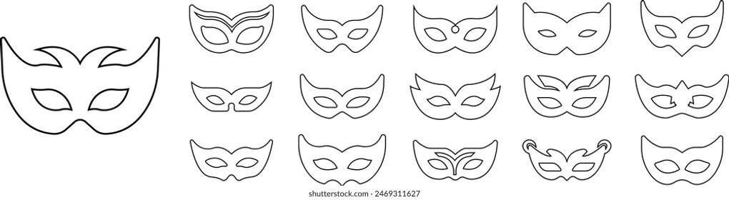 Set of Carnival masks silhouettes. Black line icons of masquerade mask for party, parade and carnival for Mardi Gras and Halloween. Fantasy face mask elements editable stock on transparent background.