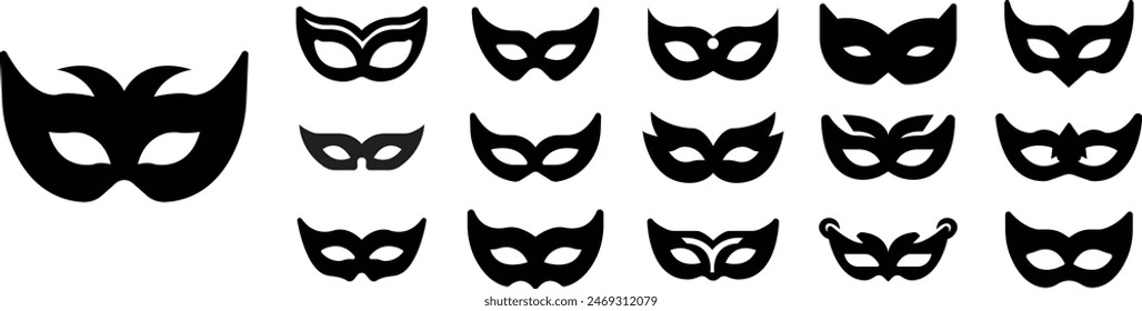 Set of Carnival masks silhouettes. Black fill icons of masquerade mask for party, parade and carnival for Mardi Gras and Halloween. Fantasy ornate face masks symbol elements on transparent background.