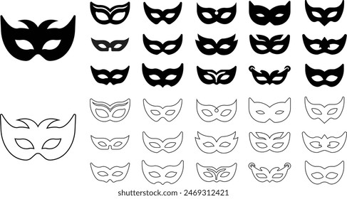 Conjunto de máscaras de carnaval siluetas. Iconos planos negros de la máscara de la mascarada para la fiesta, el desfile y el carnaval para el Mardi Gras y Halloween. Elementos de máscara facial de fantasía editable stock sobre fondo transparente.