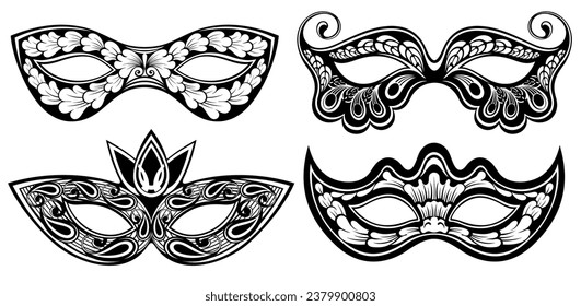 Set of carnival masks silhouettes. Icons of masquerade masks, for party, parade and carnival, for Mardi Gras and Halloween. Mask elements can be used as isolated sign, symbol or icon.