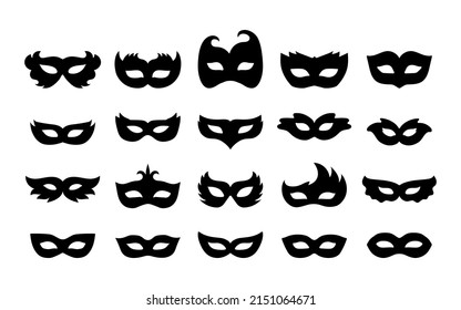 Conjunto de siluetas de máscaras de carnaval. Sencillos íconos negros de máscaras de mascarada, para fiesta, desfile y carnaval, para el Mardi Gras y Halloween. Los elementos de máscara se pueden utilizar como signo aislado, símbolo o icono.