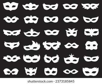 Set of carnival masks silhouettes. Simple black icons of masquerade masks, for party, parade and carnival isolated on black background