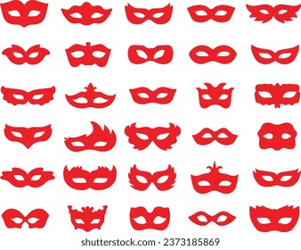 Set of carnival masks silhouettes. Simple white icons of masquerade masks, for party, parade and carnival, red color isolated on white background