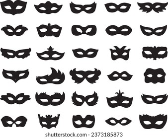 Set of carnival masks silhouettes. Simple black icons of masquerade masks, for party, parade and carnival isolated on white background