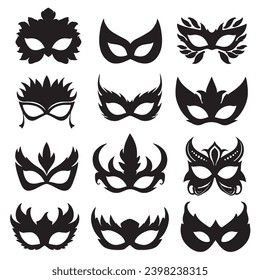 Set of carnival masks silhouettes. Simple black icons of masquerade masks. Carnival mask silhouettes