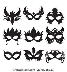 Set of carnival masks silhouettes. Simple black icons of masquerade masks. Carnival mask silhouettes