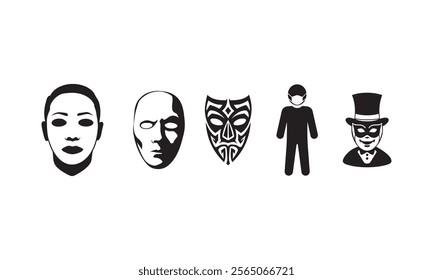 Set of carnival masks silhouettes. Simple black icons of masquerade masks, for party, parade and carnival, for Mardi Gras and Halloween. Mask elements can be