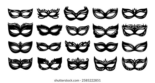 Set of carnival masks silhouettes. Simple black icons of masquerade masks, for party, parade and carnival, for Mardi Gras and Halloween. Mask elements can be used as isolated sign, symbol or icon.