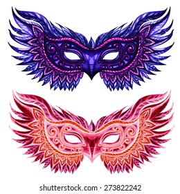 Set of carnival masks. Simple illustration for your design. Vectorized watercolor drawing.Vector abstract background. Vintage design.. Isolated on white background.