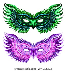 Set of carnival masks. Simple illustration for your design. Vectorized watercolor drawing.Vector abstract background. Vintage design.. Isolated on white background.
