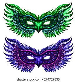 Set of carnival masks. Simple illustration for your design. Vectorized watercolor drawing.Vector abstract background. Vintage design.. Isolated on white background.