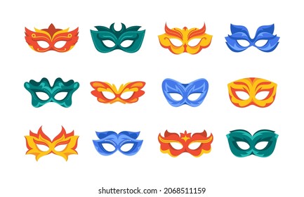 Set of Carnival Masks, Venice or Brazil Masquerade Costume Part, Festival or Theatre Mask for Face, Elegant Decorated Element Isolated on White Background. Cartoon Vector Illustration, Icons, Clip Art