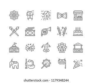 Set of Carnival outline icons isolated on white background. Editable Stroke. 64x64 Pixel Perfect.