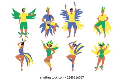 Set of carnival people. Many Latin people dancing in carnival Brazil costume with wings. Vector illustration.