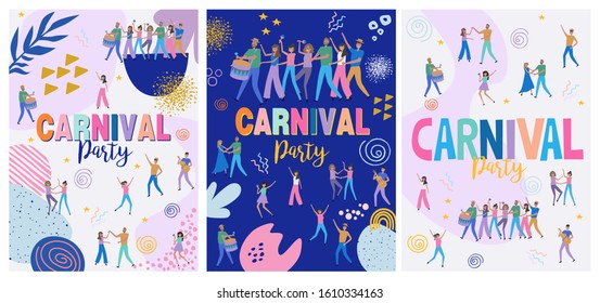 Set of Carnival posters with funny dancing men and women, carnival objects and abstract shapes. Design template for cards, posters and banners.  Editable vector Illustration.