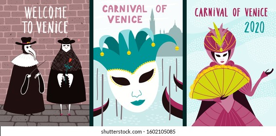 Set of carnival posters with people in costumes, masks, gondolas, Italian text Benvenuti a Venezia, Welcome to Venice. Hand drawn vector illustration. Flat style design. Concept for flyer, banner.