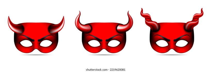 Set of Carnival red devil masks with different kind of horns. Vector illustration isolated on white background.
