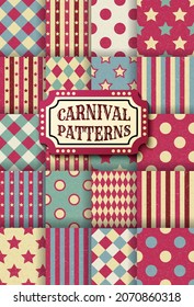 Set of carnival retro vintage seamless patterns. Textured old fashioned circus wallpaper templates. Collection of vector background tiles. For parties, birthdays, decorative elements.