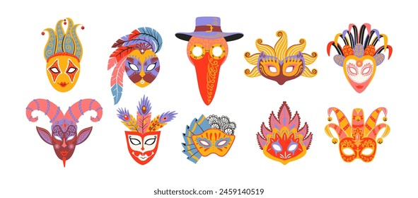 Set of carnival Venetian masks. Cartoon masquerade masks for party, parade, festival with feathers, decorations in 90s hippie groovy style