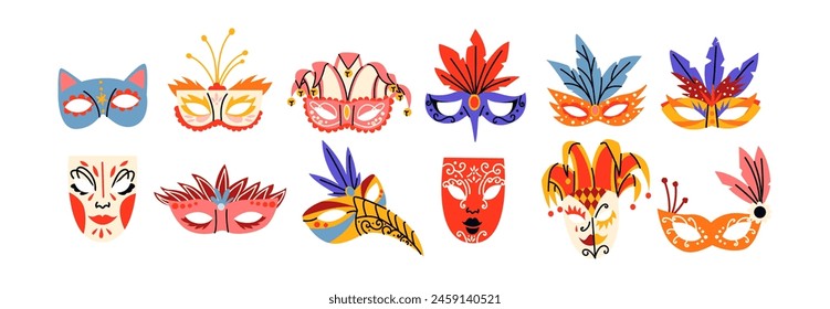 Set of carnival Venetian masks. Cartoon masquerade masks for party, parade, festival with feathers, decorations in 90s hippie groovy style