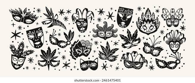 Set of carnival Venetian masks pattern. Cartoon masquerade masks for party, parade, festival with feathers, decorations in 90s hippie groovy style