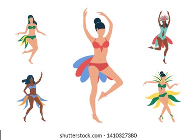 Set of carnival women in Brazilian costumes. Group of female performers participating in rio carnival. Can be used for commercial, promo, banner