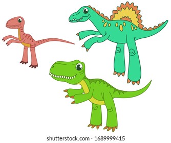 Set of carnivorous dinosaurs. Velociraptor, spinosaurus and tyrannosaurus in funny cartoon style.