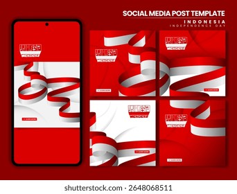 Set of carousel background post with irregular waving indonesian flag design for indonesia independence day. indonesian text mean is Indonesia independence day