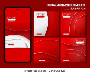 Set of carousel background post in red white waving line with shadow design for indonesia independence day. indonesian text mean is Indonesia independence day
