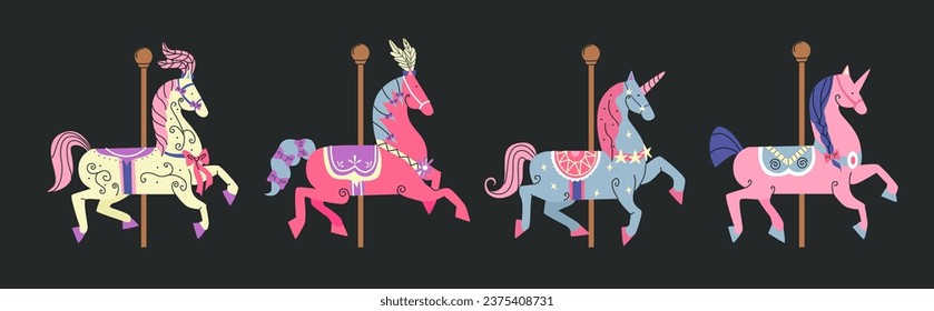 Ponga caballos de carrusel. Caricatura de unicornios rosas lindos, carrusel retro francés retro.