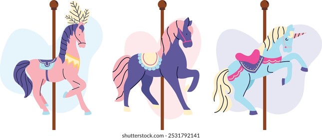 Set carousel horses in doodle hand drawn style. Cartoon cute pink and blue unicorns. Beautiful vintage horses for carousel.