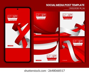 Set of carousel post background design with ribbon surrounding 3d red shape for indonesia independence day. indonesian text mean is Indonesia independence day