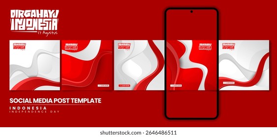 Set of carousel post design with abstract waving red white shape background for independence day campaign. Indonesia independence day. indonesian text mean is happy birthday indonesia