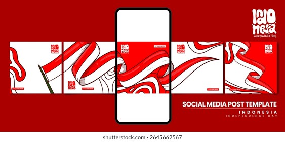 Set of carousel post design with cartoon background of waving indonesian flag. Indonesia independence day campaign template