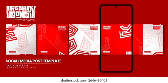Conjunto de carrossel post design com fundo labirinto plano em vermelho branco. Indonésia dia da independência. indonésio texto significa é feliz aniversário indonésia