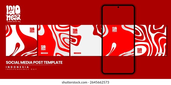 Conjunto de carrossel post design em branco vermelho abstrato líquido para a indonésia campanha do dia da independência.
