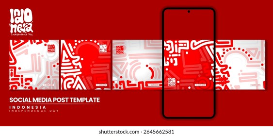 Conjunto de carrossel post design em vermelho branco labirinto fundo design para o dia da independência da indonésia.