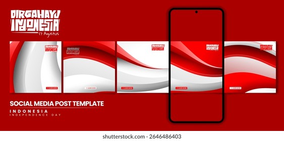 Conjunto de carrossel post design em fundo branco vermelho com acenando linhas realísticas em negrito. indonésia texto significa é feliz aniversário indonésia