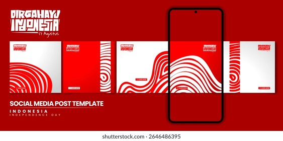 Set of carousel post design with waving bold lines background in red white design. indonesia independence day. indonesian text mean is happy birthday indonesia