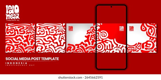Set of carousel post template with abstract connect fluid in red white background design for national day campaign. indonesia independence day