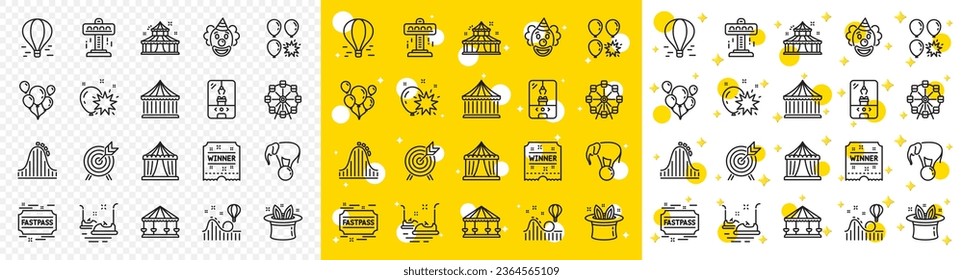 Set of Carousel, Roller coaster and Circus icons. Amusement park line icons. Air balloon, Crane claw machine and Fastpass symbols. Circus amusement park tickets. Ferris wheel carousel. Vector