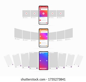 Set of Carousels for posting social networks Collection of three realistic smartphones with social network interface Posting and adding content Process Suitable for web and motion design Easy to edit