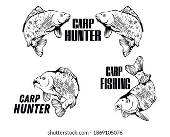 Set of carp fishing. Collection of the carp emblem with text. Marine design. Vector illustration for sport fishing. Logotype.