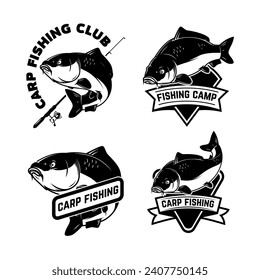 Set of carp fishing emblems in monochrome style. Carp fish logo, label, sign, poster, badge.