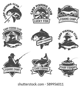 Set of carp fishing labels isolated on white background. Design elements for logo, lalbel, emblem, sign. Vector illustration.