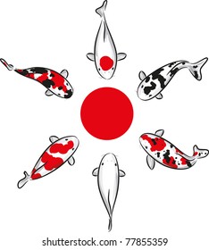 Set of Carp koi (breed: Kohaku, Bekko, Sanke, Tancho, Shiromuji, Showa) and Japan flag