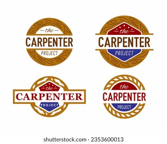 Set of carpenter emblem  hipster badge logo vector design. Wood badge logo vector template