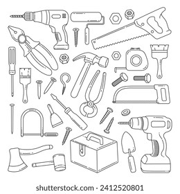 Set of Carpenter tools doodle hand drawn isolated on white background