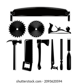 Set of carpenter tools in vintage monochrome style. Design element for poster, card, banner, logo. Vector illustration