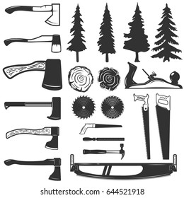 Set of carpenter tools, wood and trees icons. Design elements for logo, label, emblem, sign. Vector illustration